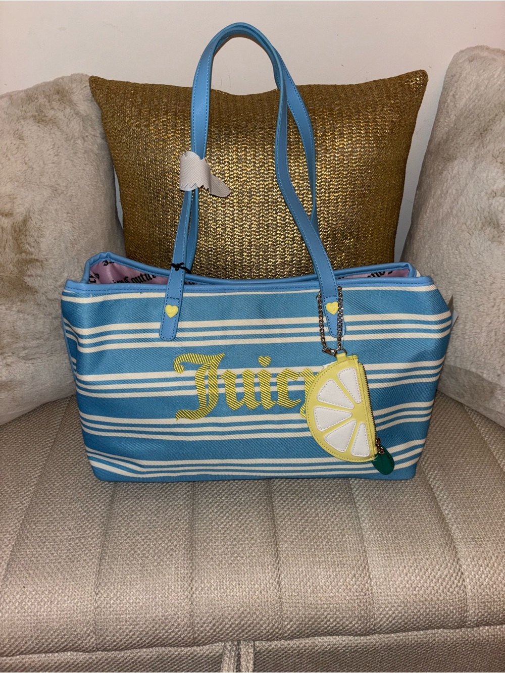 Juicy Couture Blue and White Striped Tote with Yellow Lemon Charm